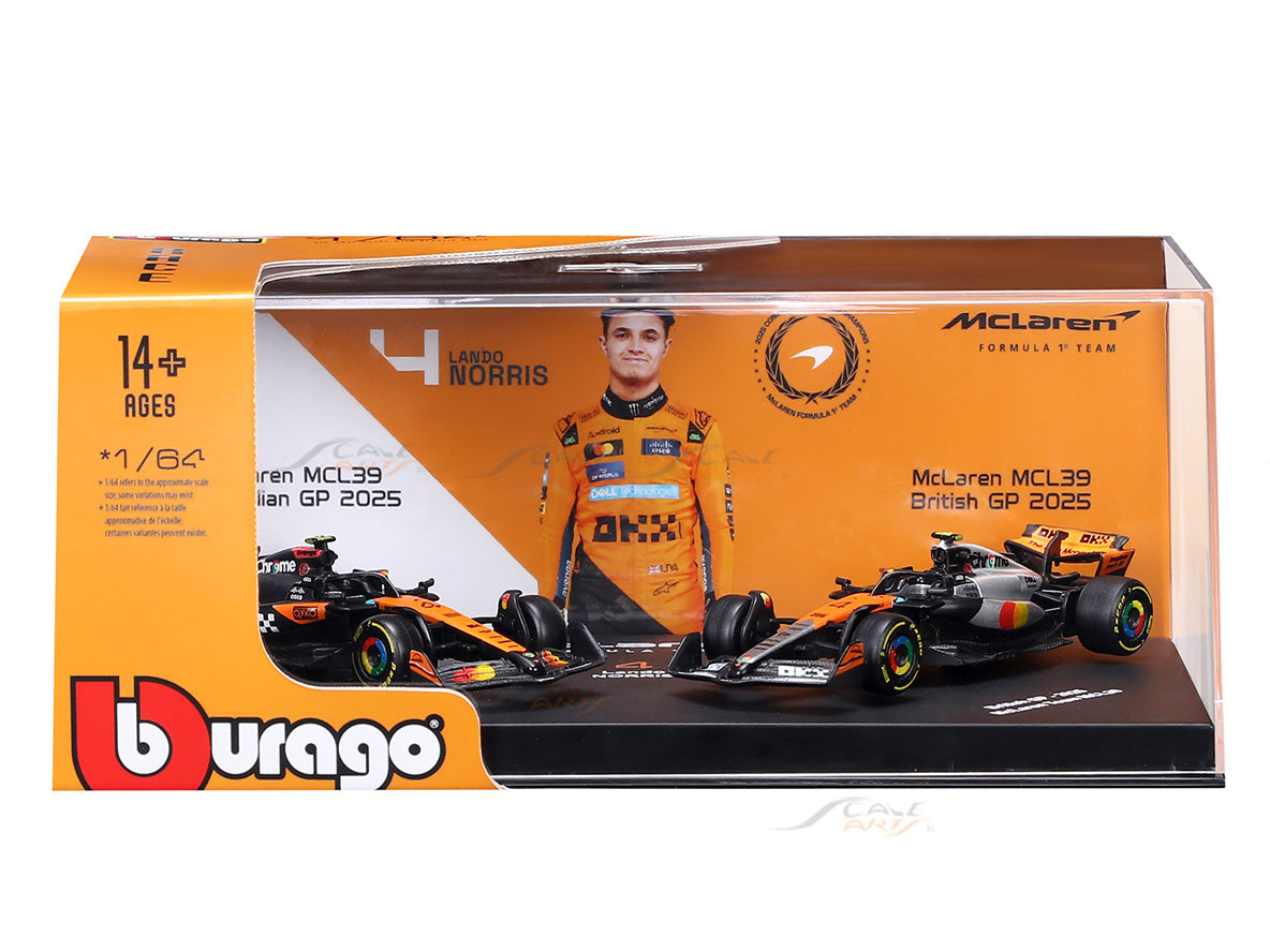 2025 McLaren MCL39 Lando Norris No.4 Twin Pack 1:64 Bburago Licensed F1 Diecast Scale Model Set