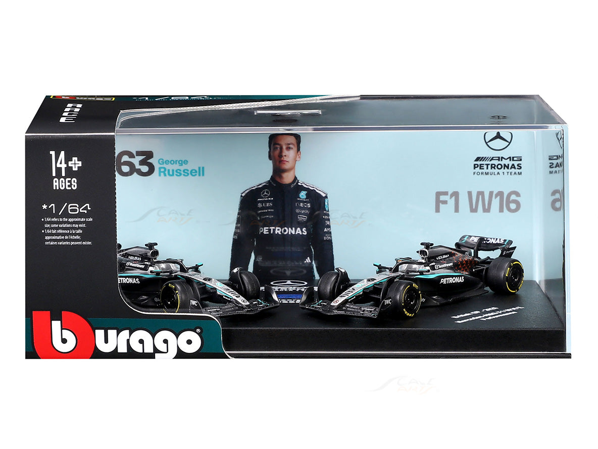 2025 Mercedes-AMG F1 W16 George Russell No.63 Twin Pack 1:64 Bburago Licensed Formula 1 Diecast Scale Model Set