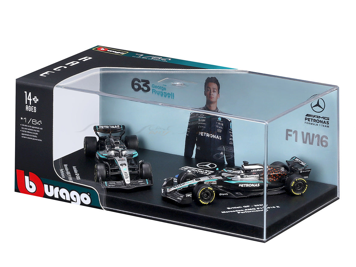 2025 Mercedes-AMG F1 W16 George Russell No.63 Twin Pack 1:64 Bburago Licensed Formula 1 Diecast Scale Model Set