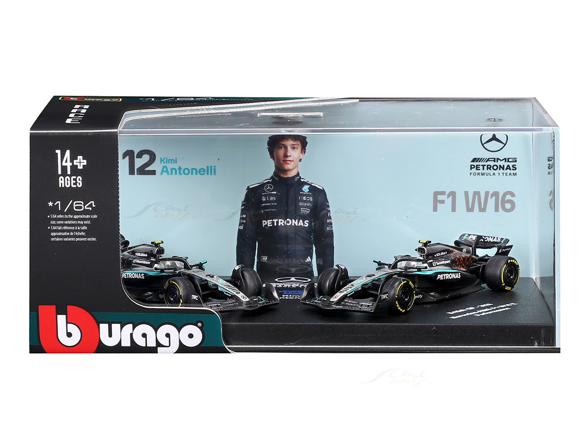 2025 Mercedes-AMG F1 W16 Kimi Antonelli No.12 Twin Pack 1:64 Bburago Licensed Formula 1 Diecast Scale Model Set