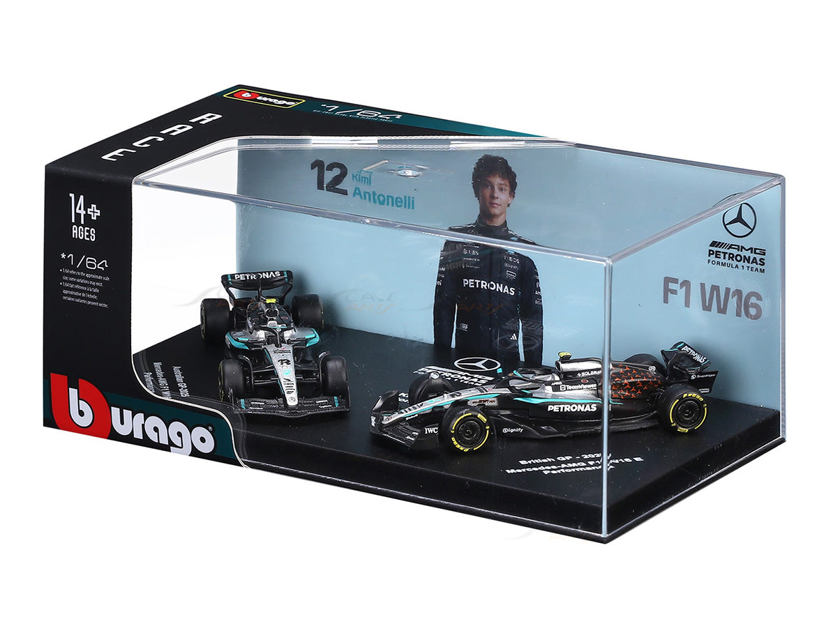 2025 Mercedes-AMG F1 W16 Kimi Antonelli No.12 Twin Pack 1:64 Bburago Licensed Formula 1 Diecast Scale Model Set