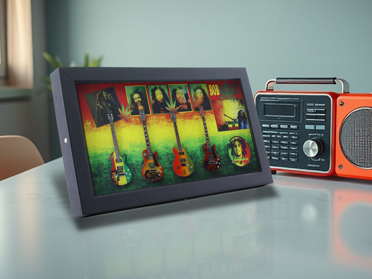 Bob Marley Music band photo frame with miniature guitars Design B - Bluecor