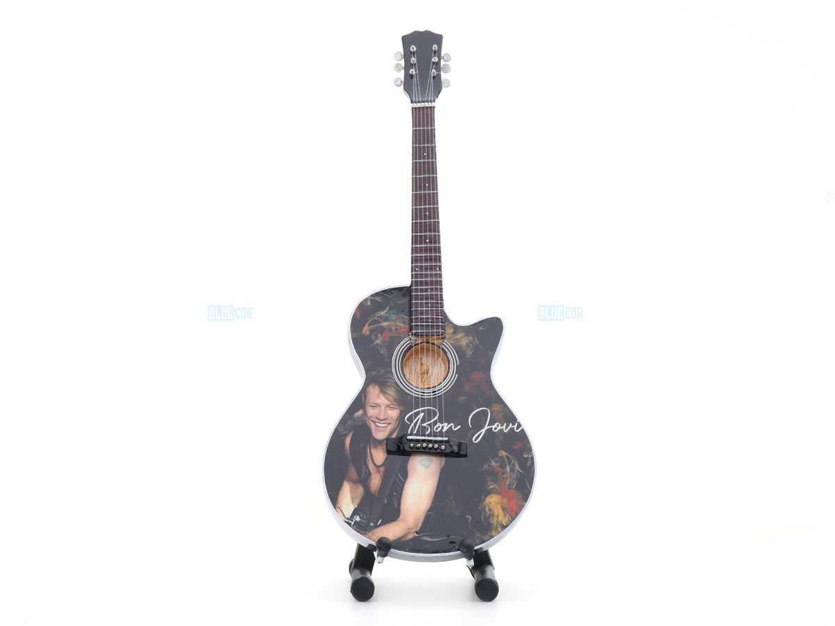 Bon Jovi Inspired Wooden Miniature Guitar Collectible with Display Stand 25cm | Rock Music Décor Gift for Fans