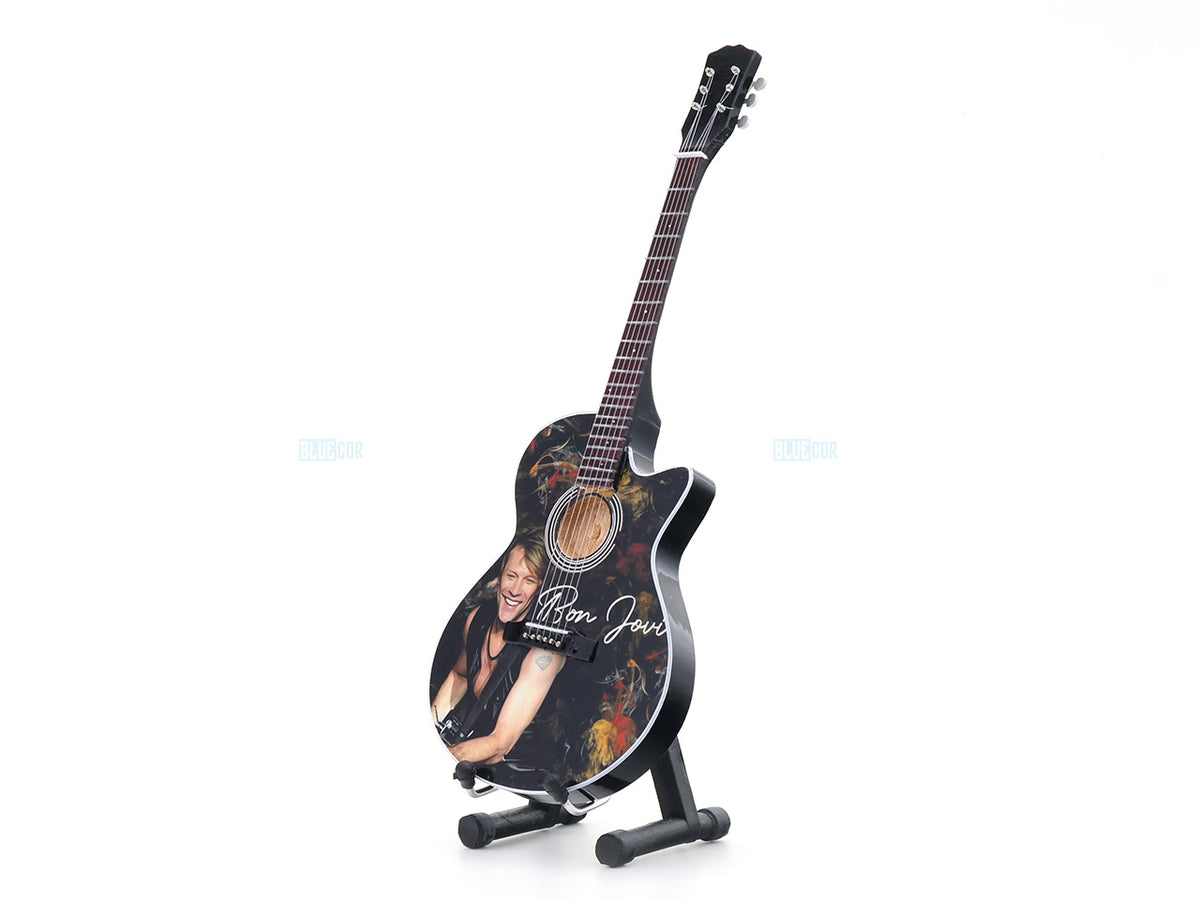 Bon Jovi Inspired Wooden Miniature Guitar Collectible with Display Stand 25cm | Rock Music Décor Gift for Fans