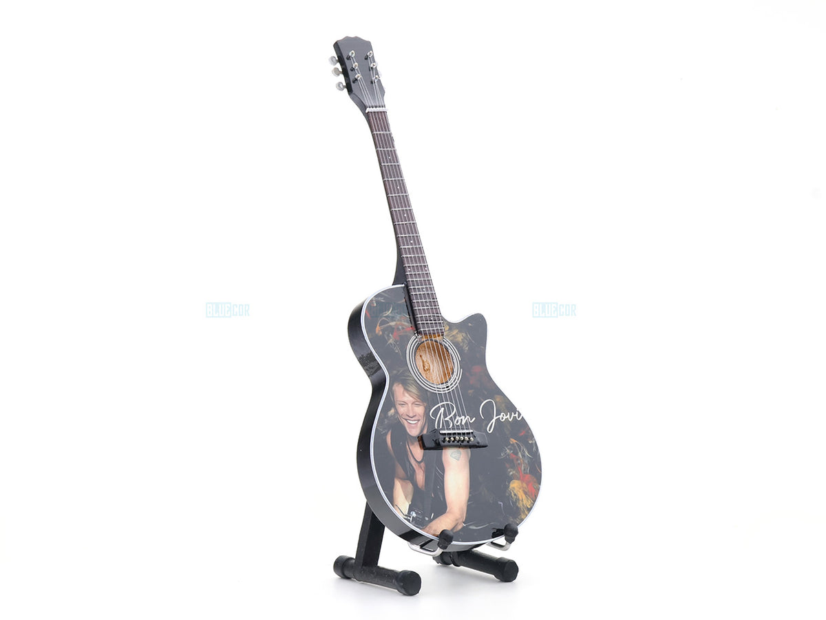 Bon Jovi Inspired Wooden Miniature Guitar Collectible with Display Stand 25cm | Rock Music Décor Gift for Fans