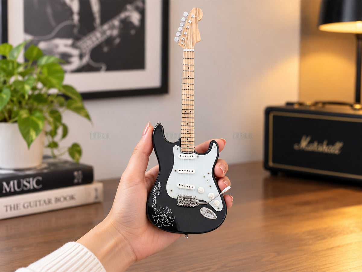 Crossroads Antigua Inspired Wooden Miniature Guitar Collectible with Display Stand 25cm | Rock Music Décor Gift for Fans