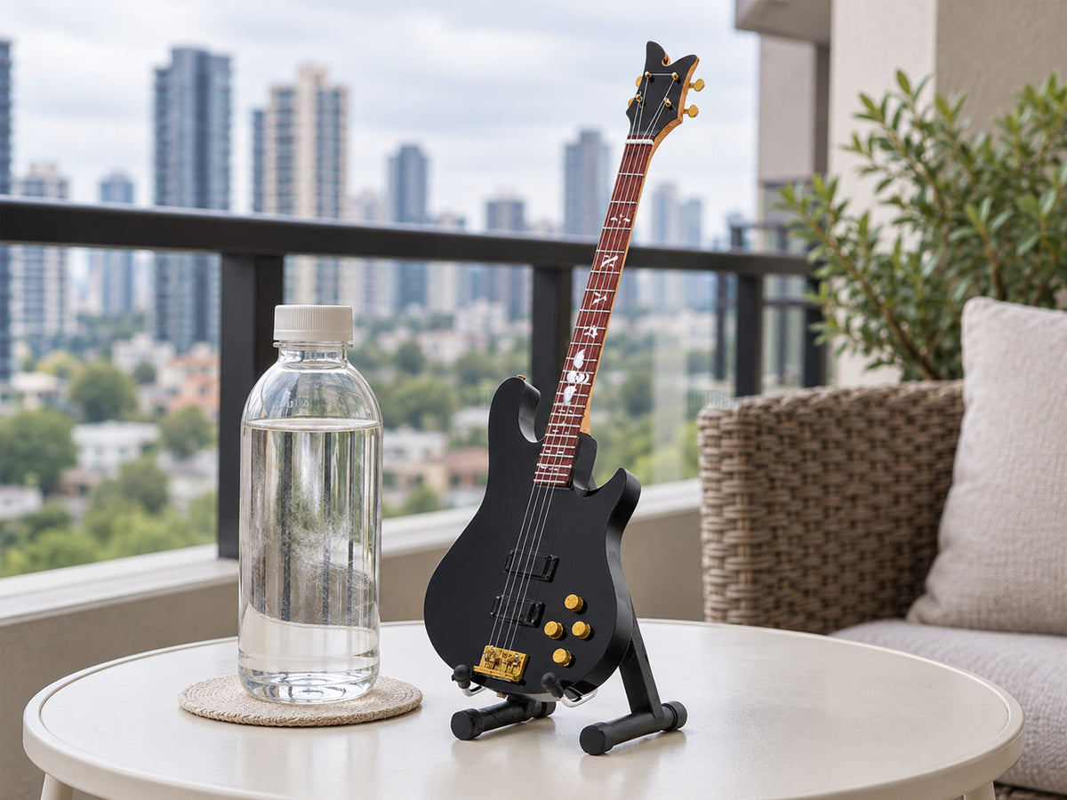 Johnny Christ Schecter Inspired Wooden Miniature Bass Guitar Collectible with Display Stand 25cm | Rock Music Décor Gift for Fans