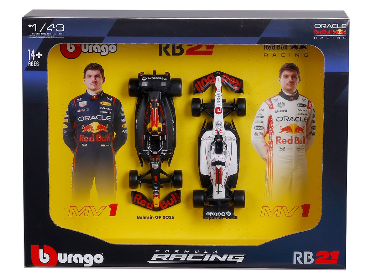 2025 Oracle Red Bull RB21 Max Verstappen Twin Pack 1:43 Bburago Season livery + Japanese GP special livery