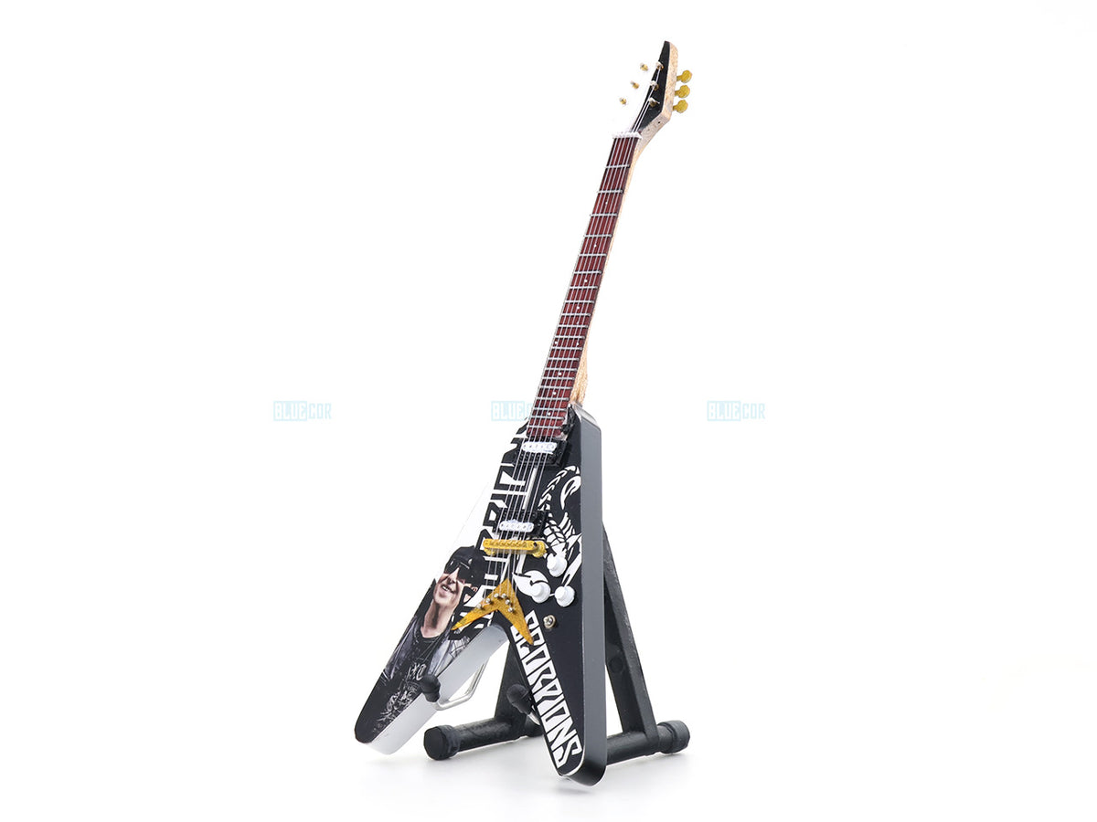 Scorpions Inspired Wooden Miniature Guitar Collectible with Display Stand 25cm | Rock Music Décor Gift for Fans