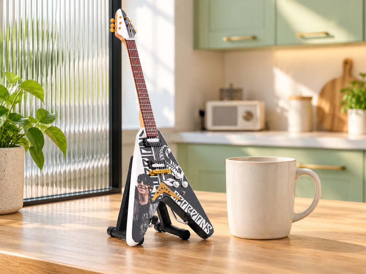 Scorpions Inspired Wooden Miniature Guitar Collectible with Display Stand 25cm | Rock Music Décor Gift for Fans