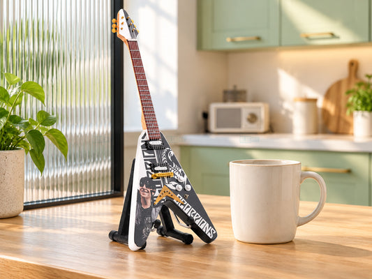 Scorpions Inspired Wooden Miniature Guitar Collectible with Display Stand 25cm | Rock Music Décor Gift for Fans