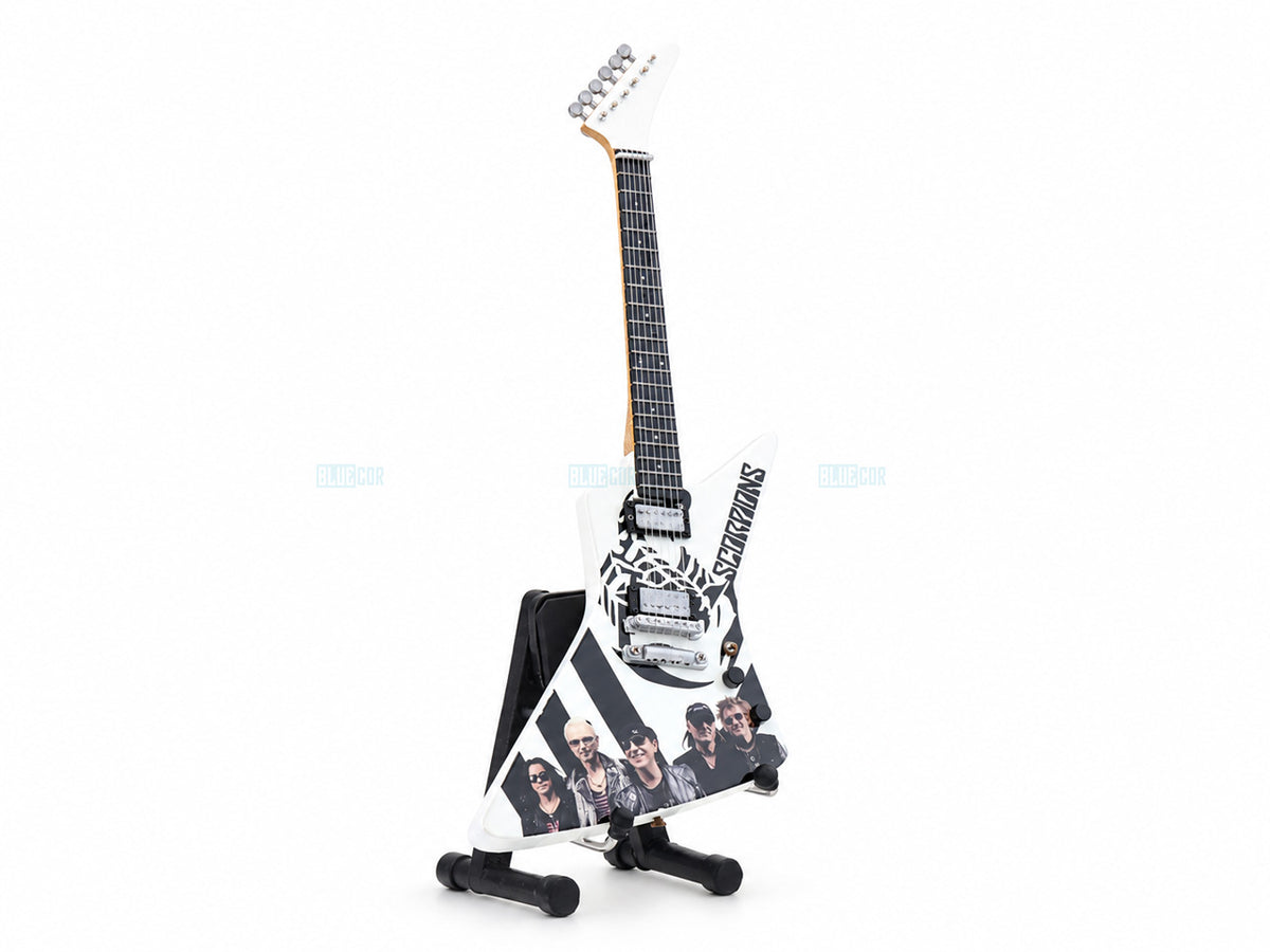 Scorpions Inspired White Wooden Miniature Guitar Collectible with Display Stand 25cm | Rock Music Décor Gift for Fans