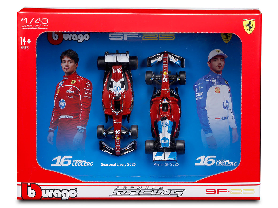 2025 Ferrari SF25 Charles Leclerc Twin Pack 1:43 Bburago - Season livery + Miami GP special livery