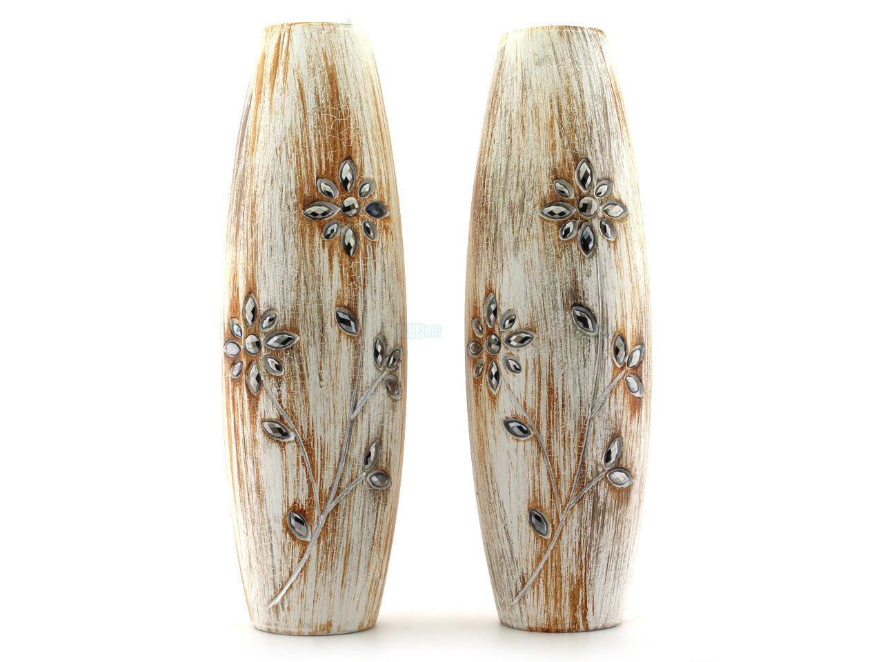 Set of 2 Handcrafted Wooden Vases with Floral Embellishments - Rustic Charm