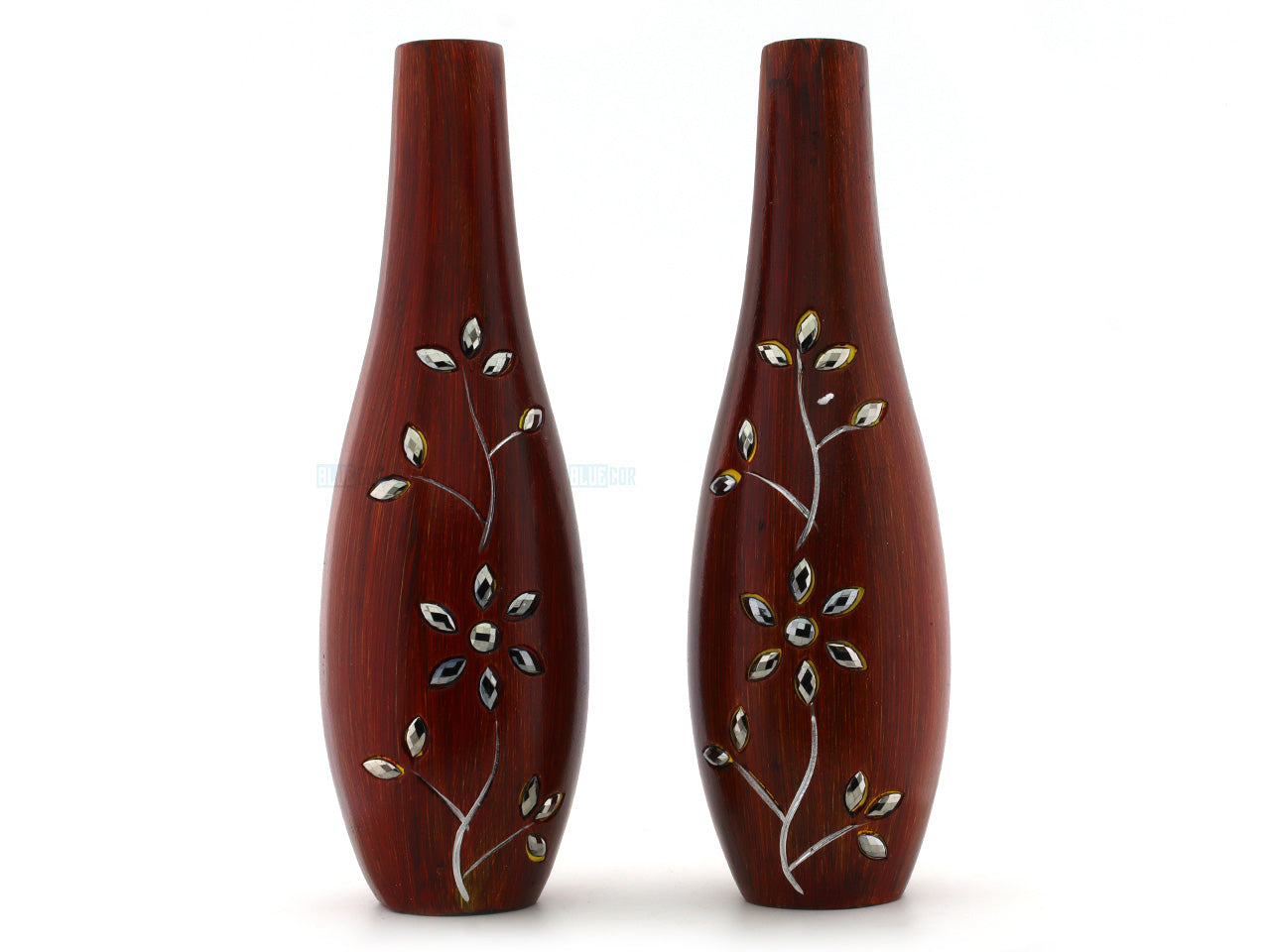 Set of 2 Handcrafted Wooden Vases Floral Inlay - Sophisticated Décor