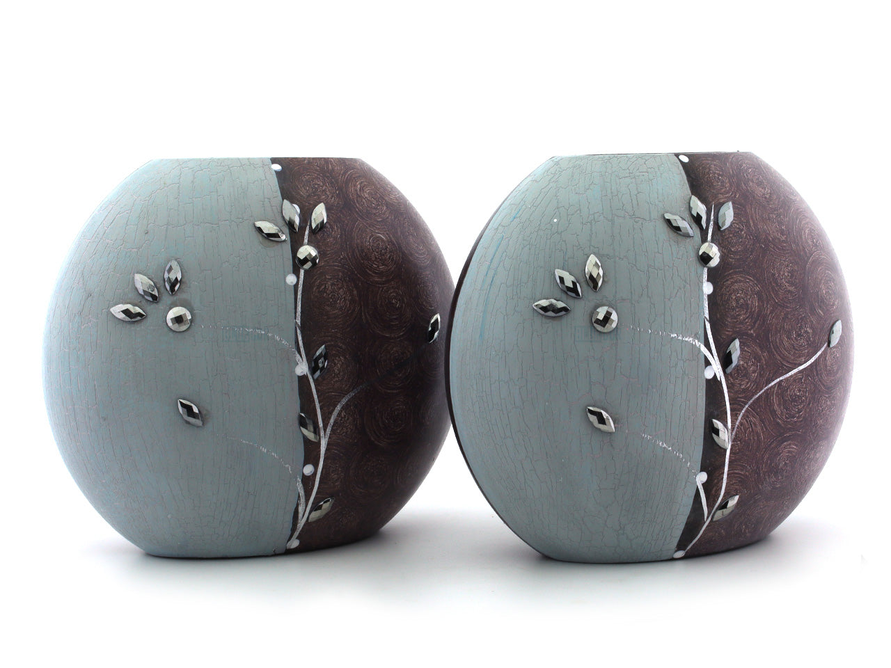 Set of 2 Handcrafted Round Wooden Vases with Dual-Tone Finish and Floral Inlay - Contemporary Elegance