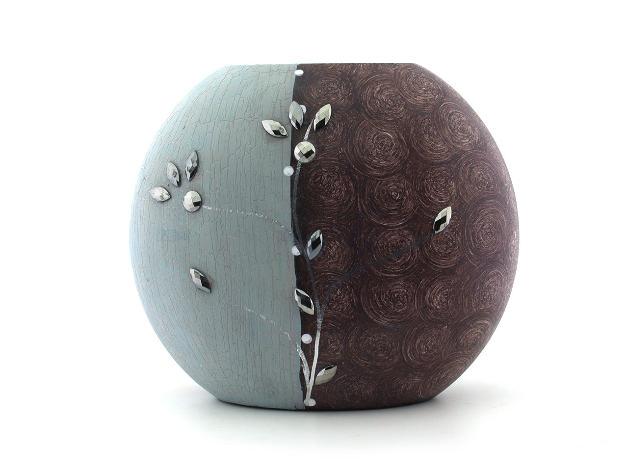 Set of 2 Handcrafted Round Wooden Vases with Dual-Tone Finish and Floral Inlay - Contemporary Elegance