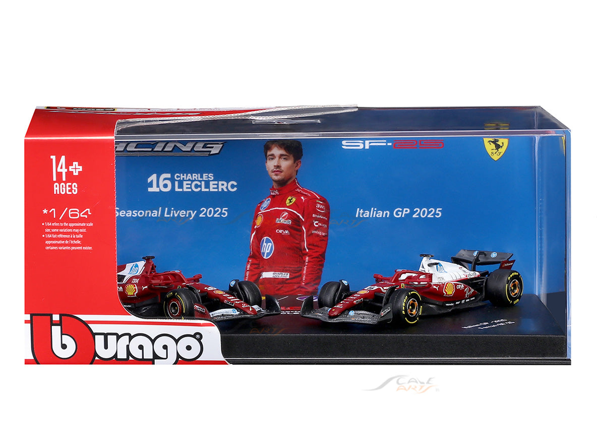 2025 Ferrari SF-25 Charles Leclerc No.16 Twin Pack 1:64 Bburago Licensed F1 Diecast Scale Model Collectible Set
