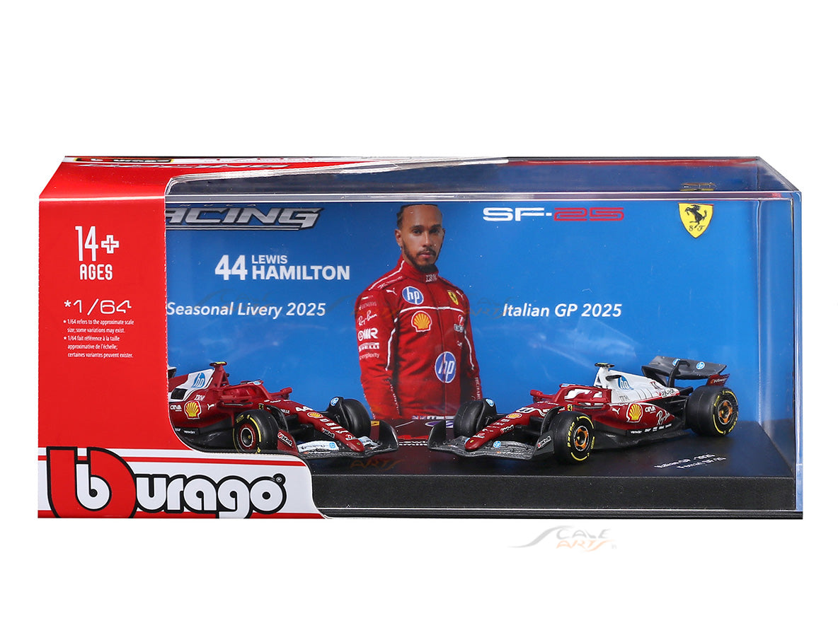 2025 Ferrari SF-25 Lewis Hamilton No.44 Twin Pack 1:64 Bburago Licensed F1 Diecast Scale Model Collectible Set