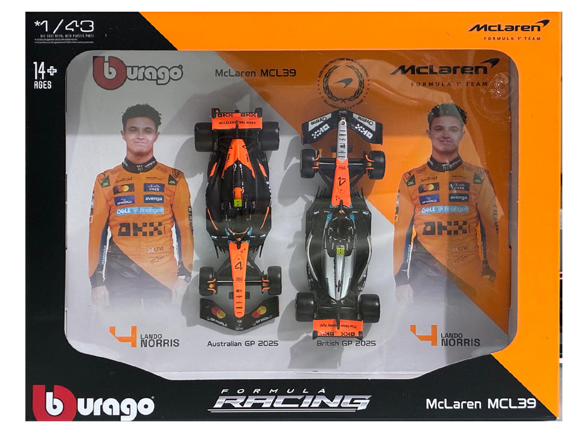 2025 McLaren MCL39 Lando Norris Twin Pack 1:43 Bburago – Season Livery + British GP Special Livery