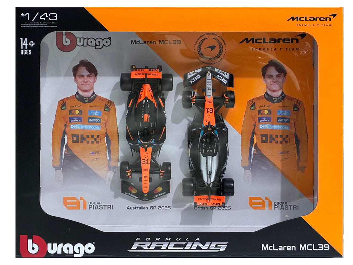 2025 McLaren MCL39 Oscar Piastri Twin Pack 1:43 Bburago – Season Livery + British GP Special Livery (Copy)
