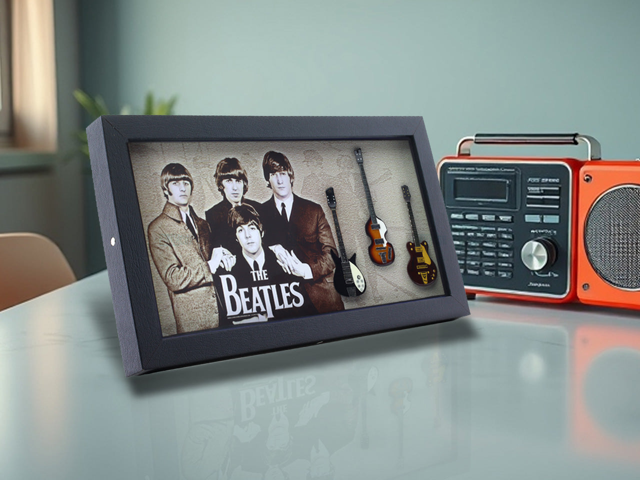 The Beetles Music band photo frame with miniature guitars Design D - Bluecor