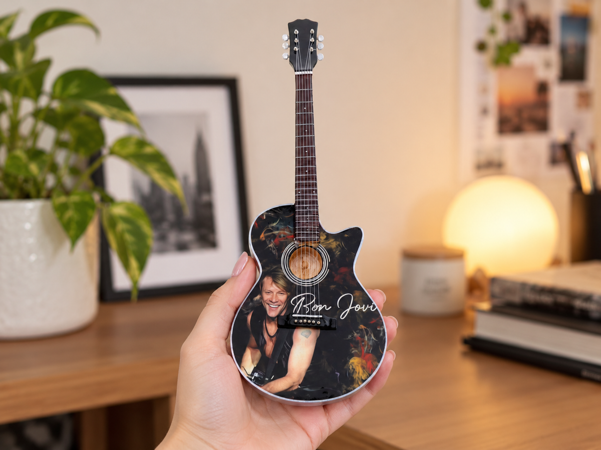 Bon Jovi Inspired Wooden Miniature Guitar Collectible with Display Stand 25cm | Rock Music Décor Gift for Fans