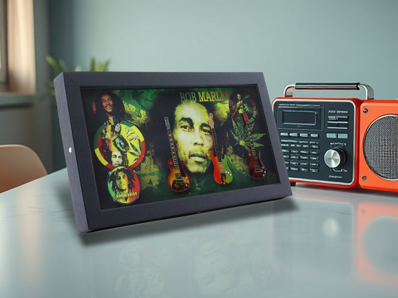 Bob Marley Music band photo frame with miniature guitars Design A - Bluecor