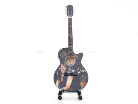 Bon Jovi Inspired Wooden Miniature Guitar Collectible with Display Stand 25cm | Rock Music Décor Gift for Fans