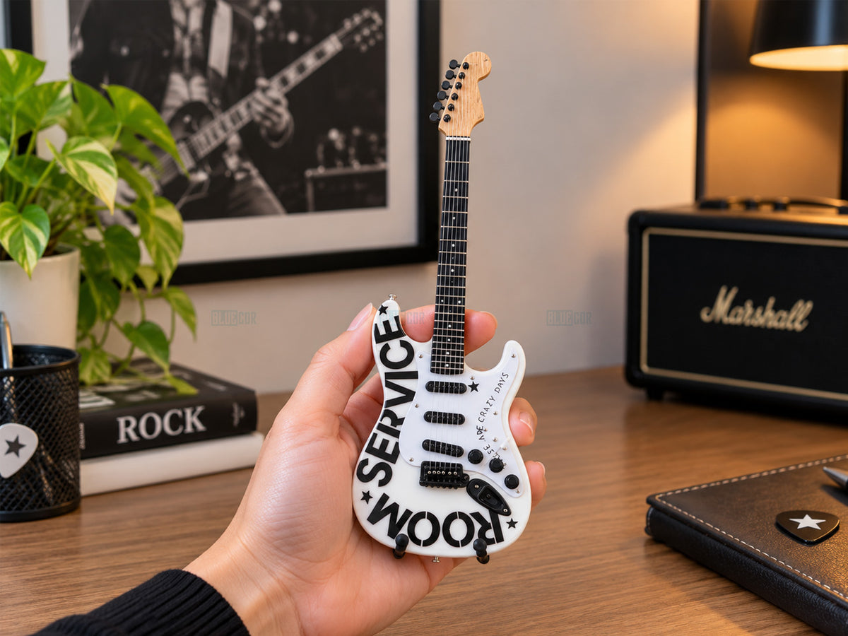 Bryan Adams Room Service Inspired Wooden Miniature Guitar Collectible with Display Stand 25cm | Rock Music Décor Gift for Fans