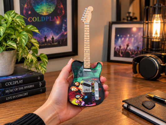 Coldplay Inspired Wooden Miniature Guitar Collectible with Display Stand 25cm | Music Décor Gift for Fans