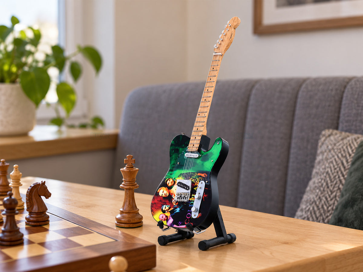 Coldplay Inspired Wooden Miniature Guitar Collectible with Display Stand 25cm | Music Décor Gift for Fans