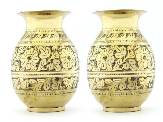 Set of 2 Brass Engraved Vases - Elegant Floral Design