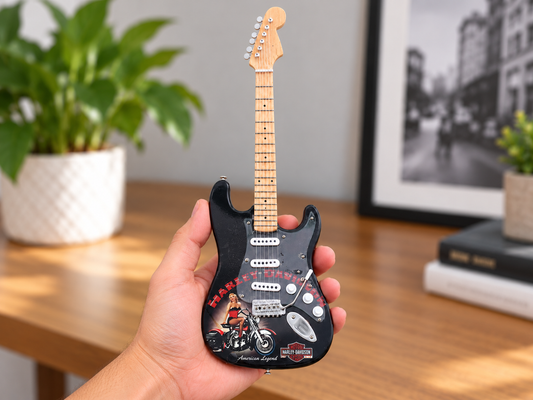 Harley-Davidson Inspired Wooden Miniature Guitar with Stand - 25cm