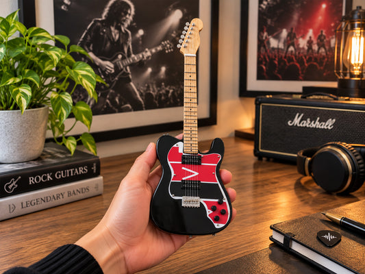 Jonny Buckland Blacky Inspired Wooden Miniature Guitar Collectible with Display Stand 25cm | Coldplay Music Décor Gift for Fans
