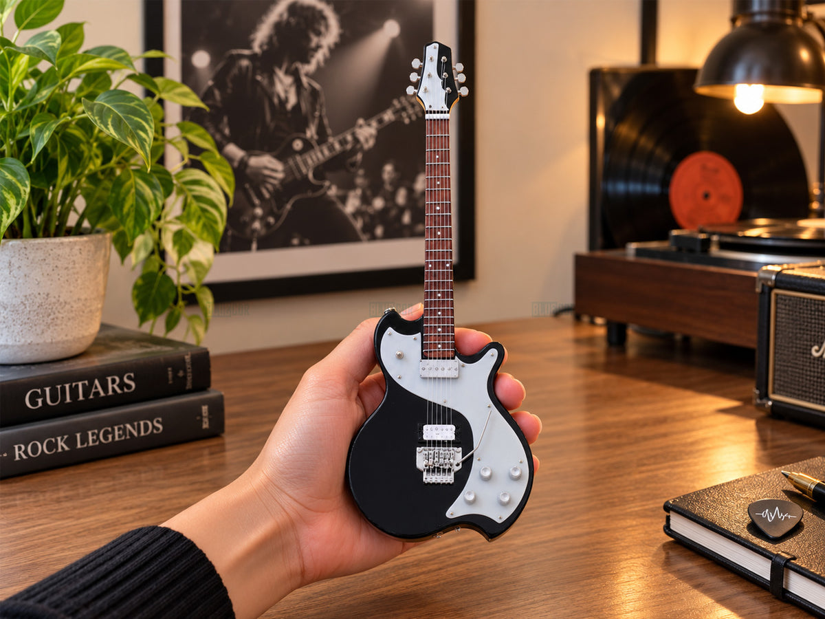 Richie Sambora ESP Inspired Wooden Miniature Guitar Collectible with Display Stand 25cm | Rock Music Décor Gift for Fans