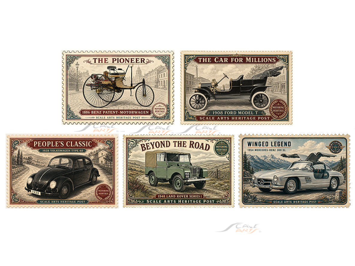 Heritage Stamp Style Sticker Vol. 1 – Set of 5 | High Quality Vinyl Classic Car Stickers for Laptop, Fridge & Car