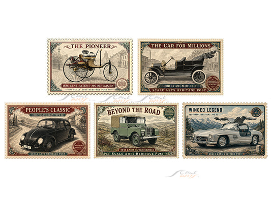 Heritage Stamp Style Sticker Vol. 1 – Set of 5 | High Quality Vinyl Classic Car Stickers for Laptop, Fridge & Car