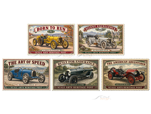 Heritage Stamp Style Sticker Vol. 2 – Set of 5 | High Quality Vinyl Classic Car Stickers for Laptop, Fridge & Car
