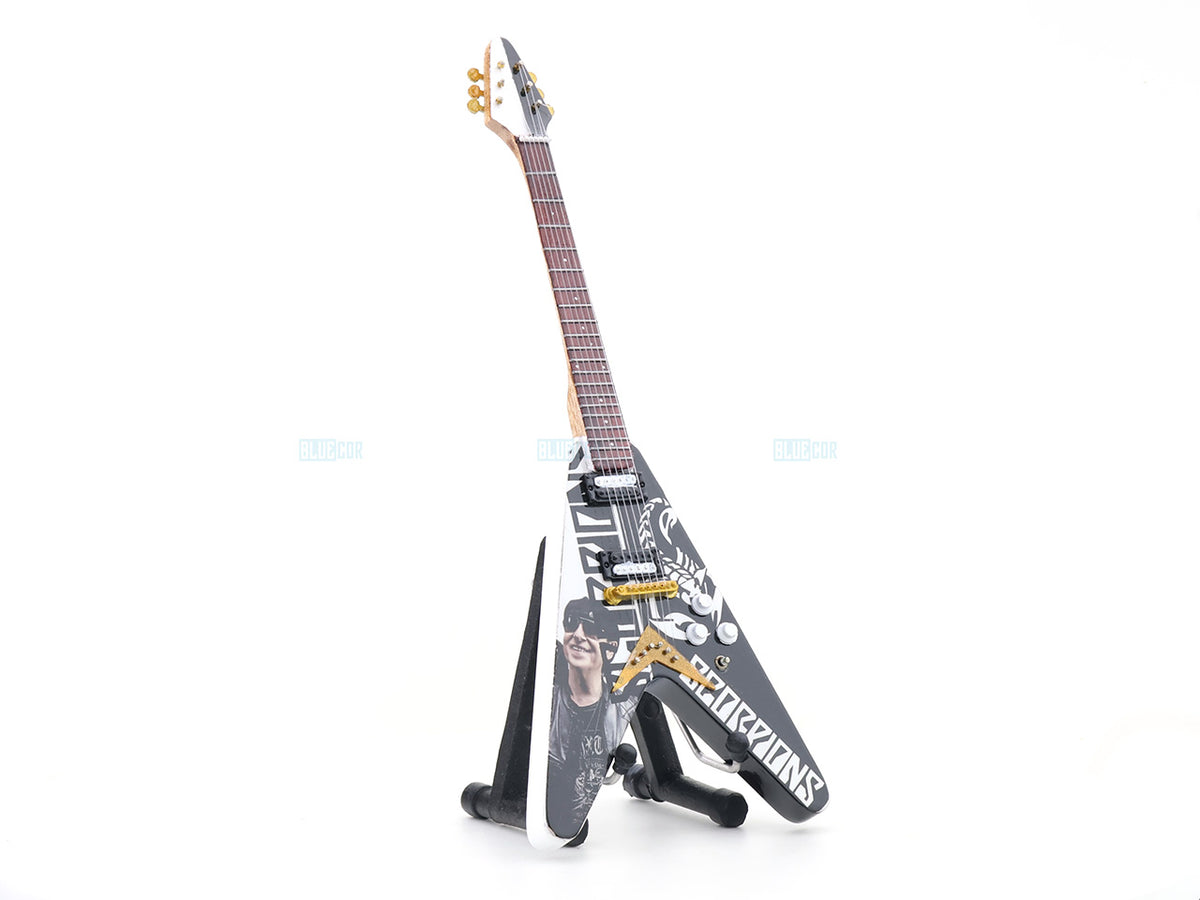 Scorpions Inspired Wooden Miniature Guitar Collectible with Display Stand 25cm | Rock Music Décor Gift for Fans