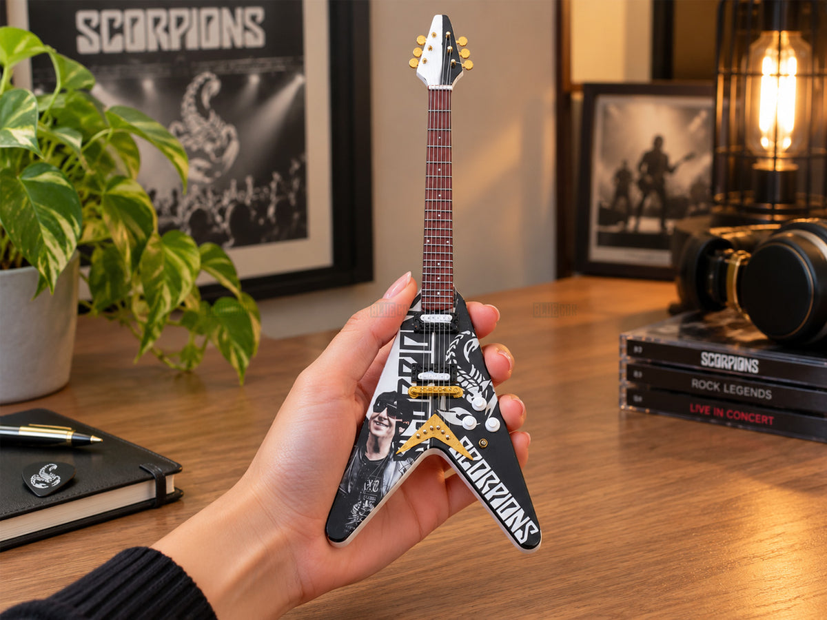 Scorpions Inspired Wooden Miniature Guitar Collectible with Display Stand 25cm | Rock Music Décor Gift for Fans