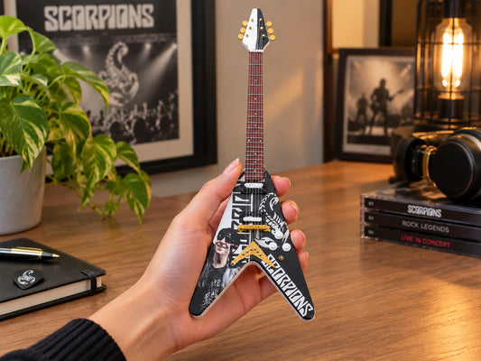 Scorpions Inspired Wooden Miniature Guitar Collectible with Display Stand 25cm | Rock Music Décor Gift for Fans