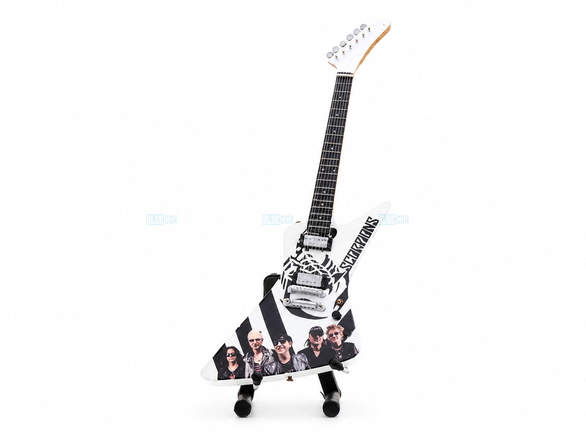 Scorpions Inspired White Wooden Miniature Guitar Collectible with Display Stand 25cm | Rock Music Décor Gift for Fans