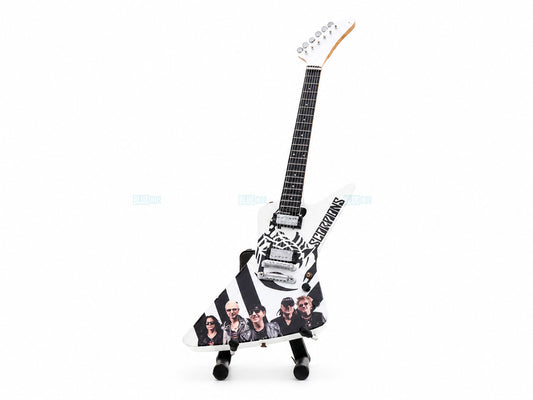 Scorpions Inspired White Wooden Miniature Guitar Collectible with Display Stand 25cm | Rock Music Décor Gift for Fans