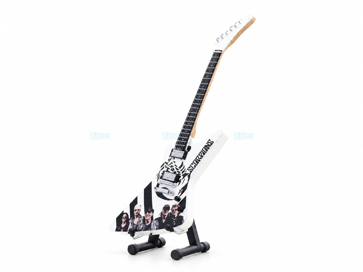 Scorpions Inspired White Wooden Miniature Guitar Collectible with Display Stand 25cm | Rock Music Décor Gift for Fans