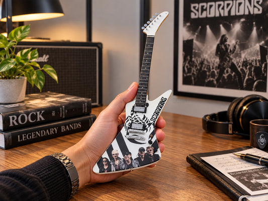 Scorpions Inspired White Wooden Miniature Guitar Collectible with Display Stand 25cm | Rock Music Décor Gift for Fans