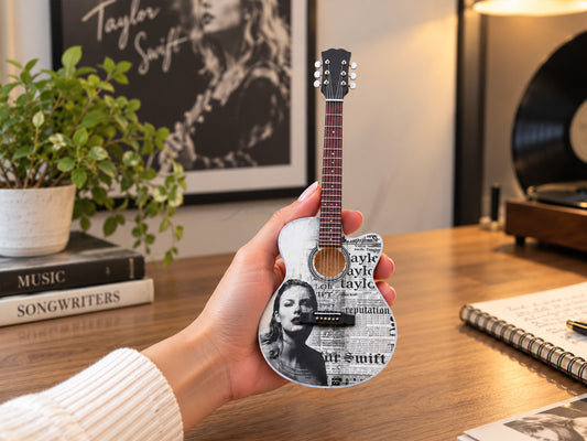Taylor Swift Fearless Inspired Wooden Miniature Guitar Collectible with Display Stand 25cm | Music Décor Gift for Fans