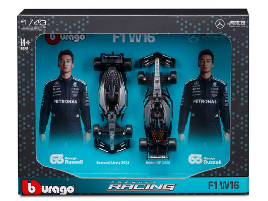 2025 Mercedes W16 George Russell Twin Pack 1:43 Bburago - Season Livery + British GP Special livery