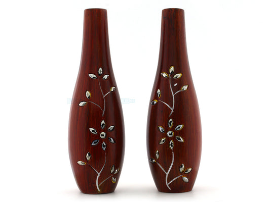 Set of 2 Handcrafted Wooden Vases Floral Inlay - Sophisticated Décor