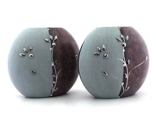 Set of 2 Handcrafted Round Wooden Vases with Dual-Tone Finish and Floral Inlay - Contemporary Elegance